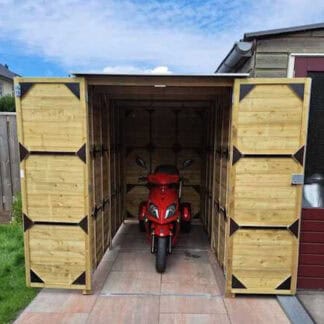 scootmobiel berging met vast dak met buitenafmetingen (B x D x H) in cm: 150 x 193 x 153