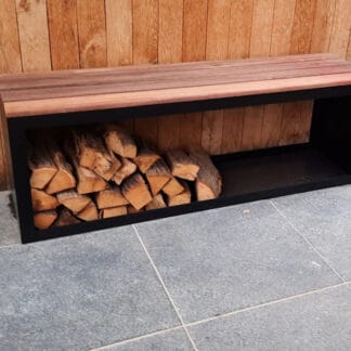 Zwarte stalen bank met houtopslag 15050