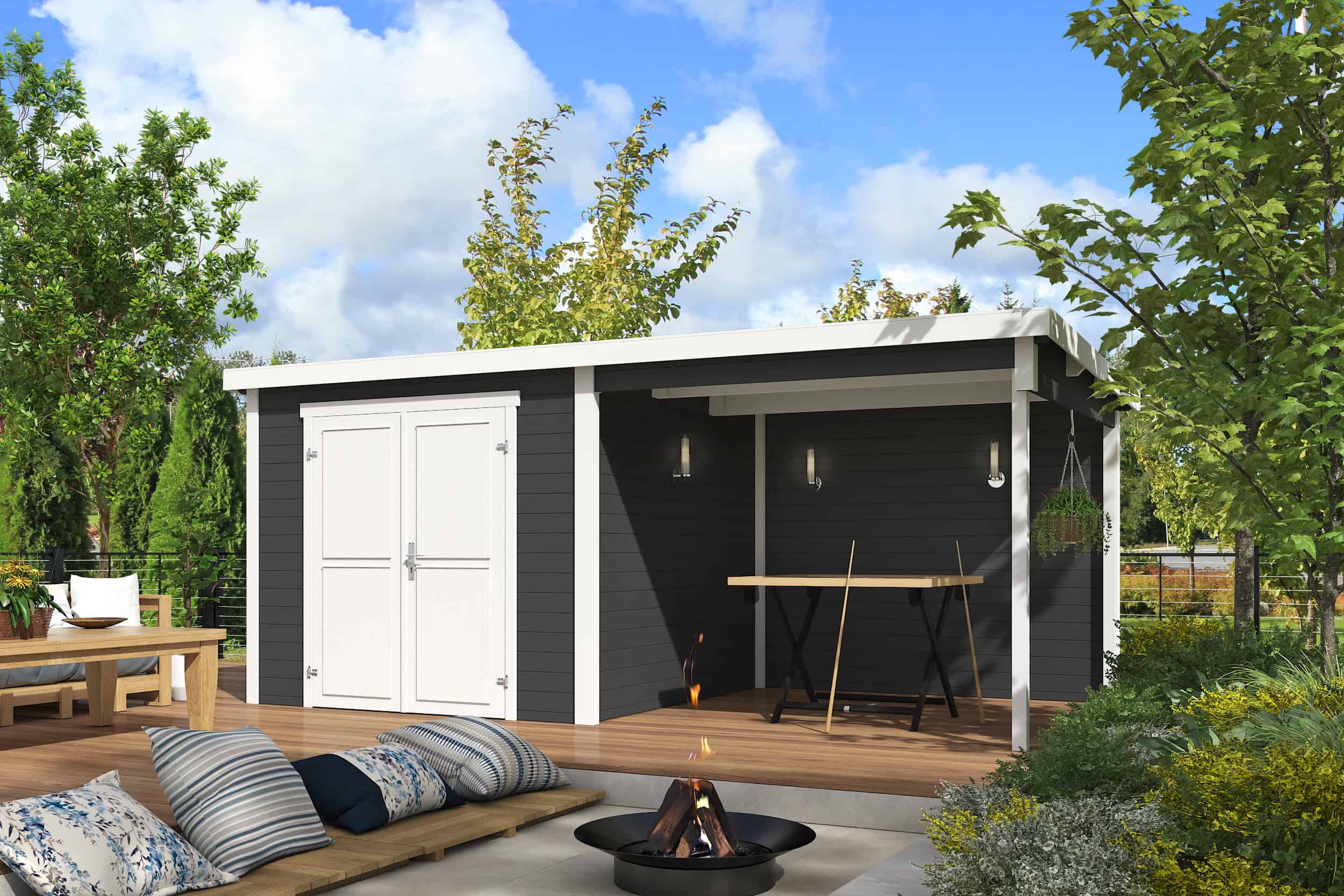 Tuinhuis Lars 500x250 met overkapping Carbon Grey-wit