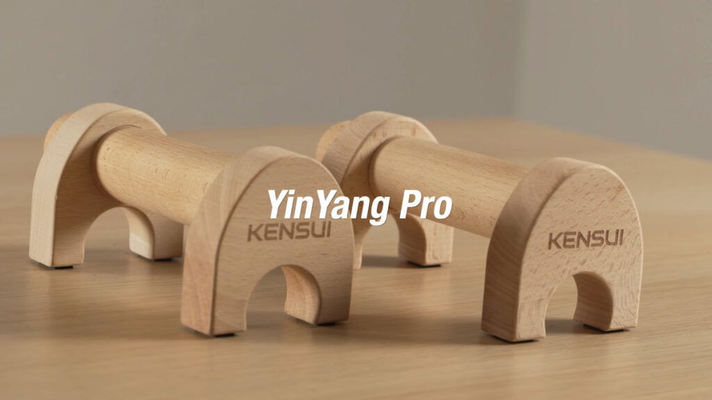 Close up of the Kensui Fitness YinYang Pro parallettes with the company name Kensui etched on the sides.