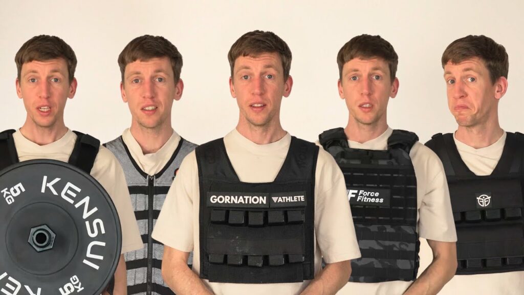 Man in white shirt depicted five times in the same frame while wearing different Weighted Vests for Calisthenics.