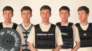 Man in white shirt depicted five times in the same frame while wearing different Weighted Vests for Calisthenics.