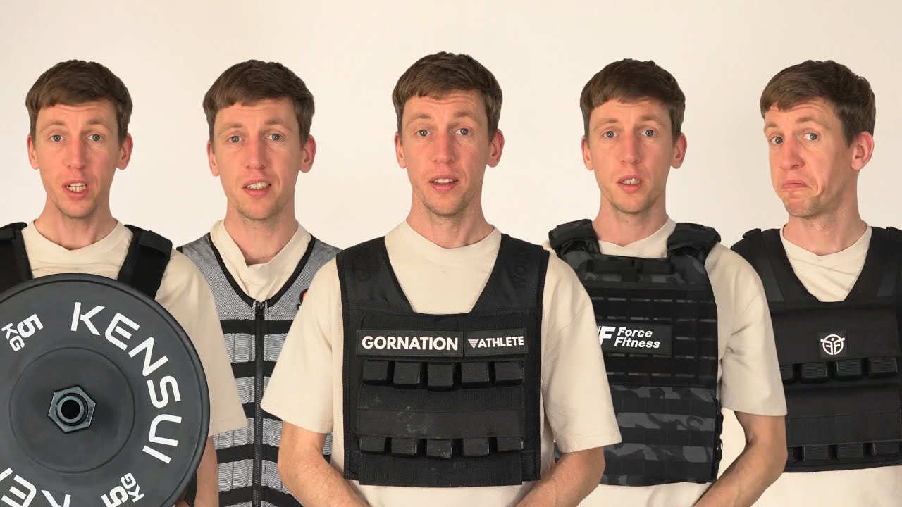 Man in white shirt depicted five times in the same frame while wearing different Weighted Vests for Calisthenics.