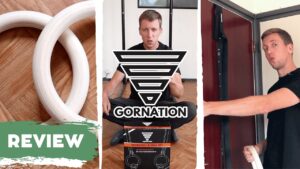 Collage of three side-by-side uses of the Gornation Gymnastic Rings, a pair of rings on the floor, a man sitting in front of the still boxed rings and a man hanging the rings from a door anchor.