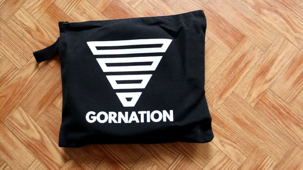 The carrying bag for the Gornation Gymnastic Ring, closed. The Gornation logo is prominently displayed.