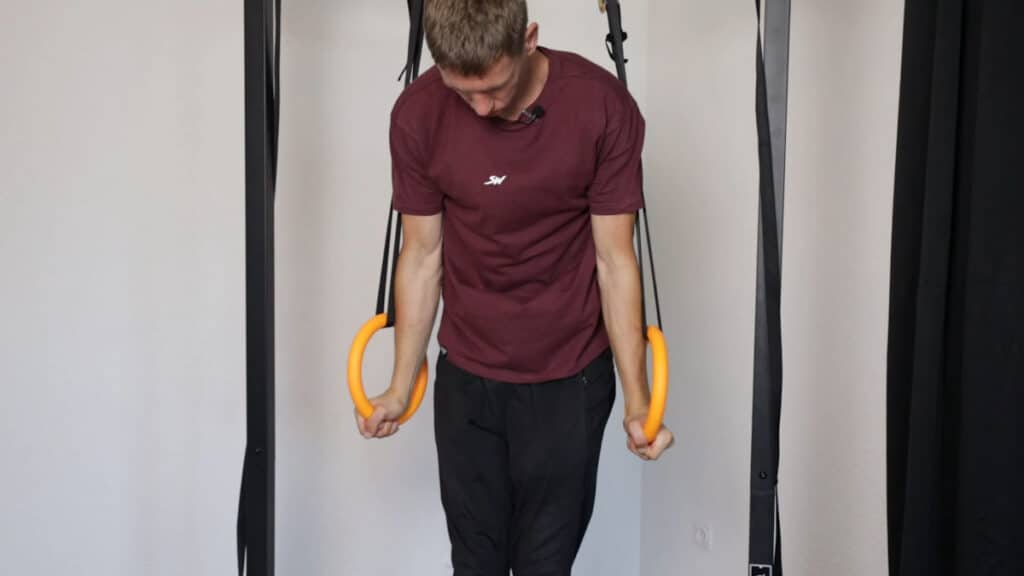 Man in purple shirt performing a muscle-up on the Nayoya Gymnastic Rings.