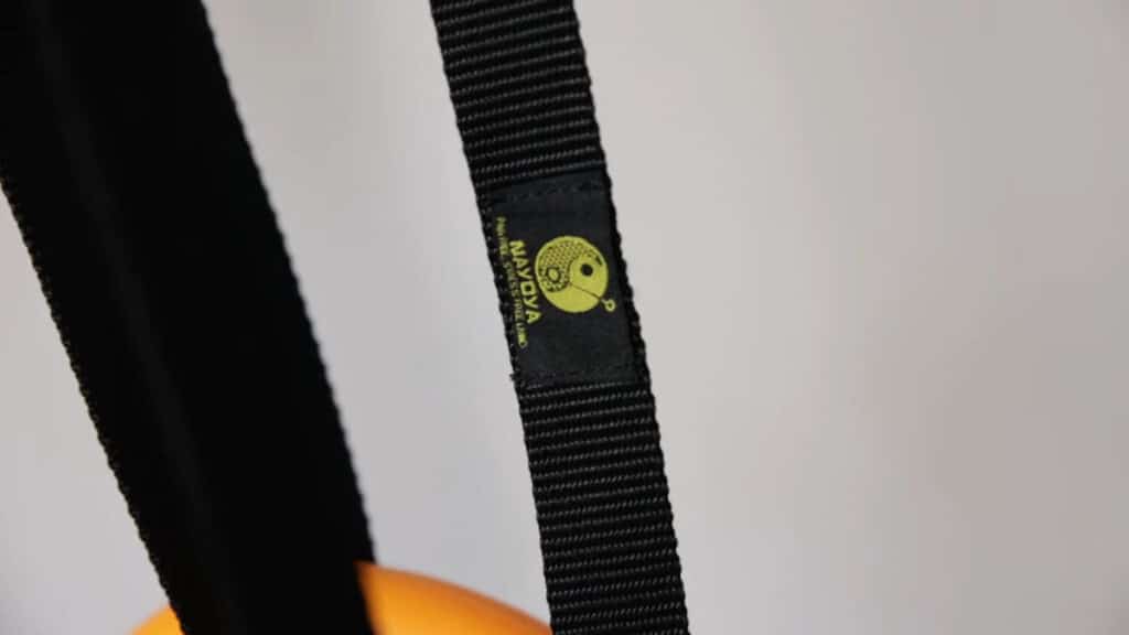 Close up of the straps of the Nayoya Gymnastic Rings, showing the sewn on label.