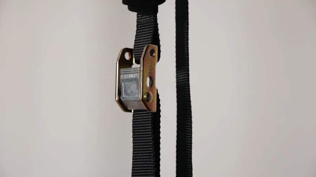 Close up of the blued buckle on the Nanoya Gymnastic Rings.