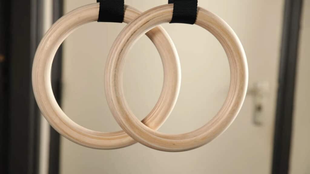 Close up of two Pullup & Dip Gymnastic Rings hanging side by side.
