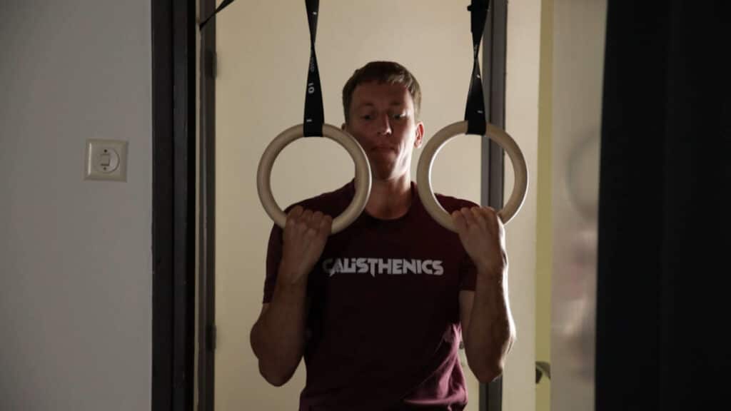 Man in purple shirt performing a Chin-Up on the Pullup & Dip Gymnastic Rings in a doorway.