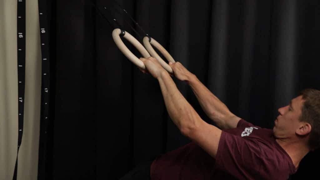 Man in purple shirt performing body rows using the Pullup & Dip Gymnastic Rings suspended from the door anchor.