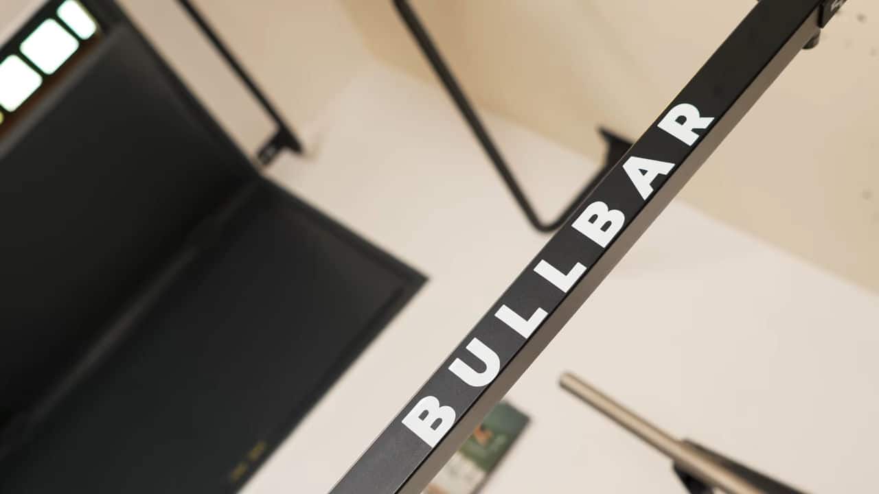 Close up of the crisp lettered company name on the bullbar 2.0 foldable pull-up bar.