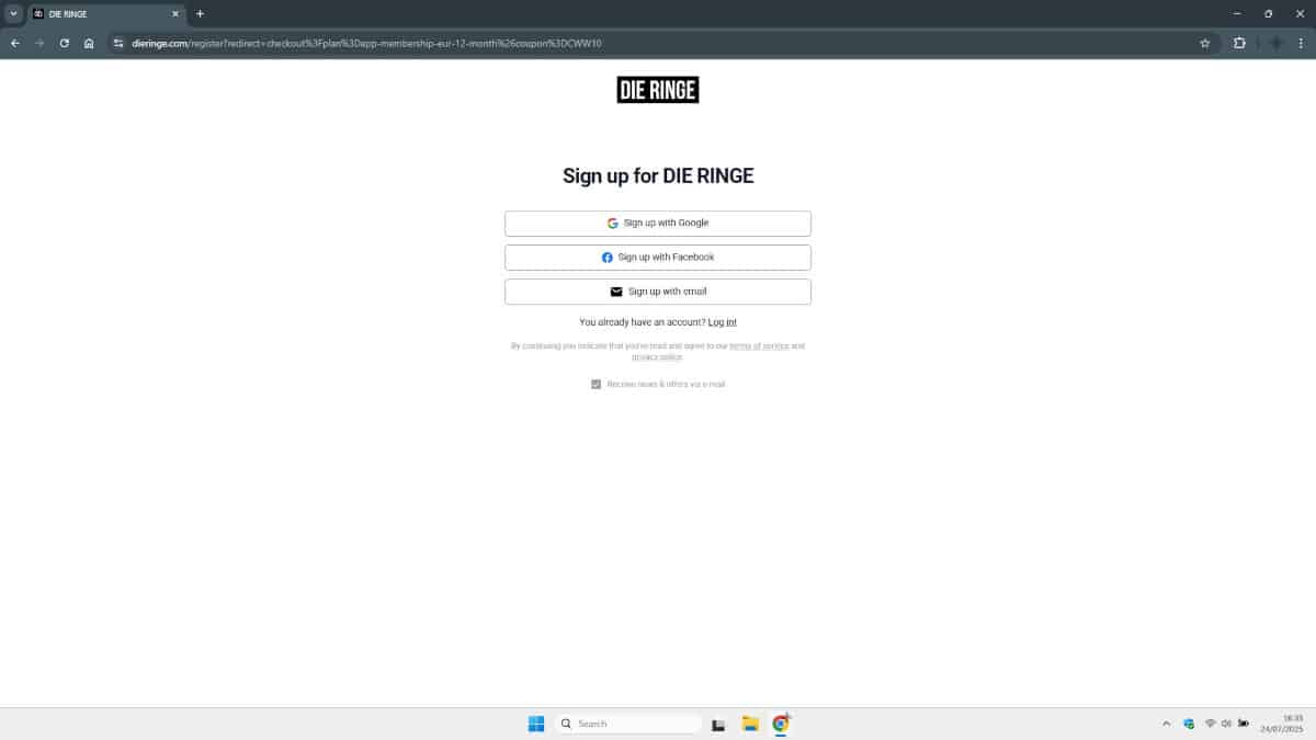 Die Ringe website registration possibilities showing email and social logins.