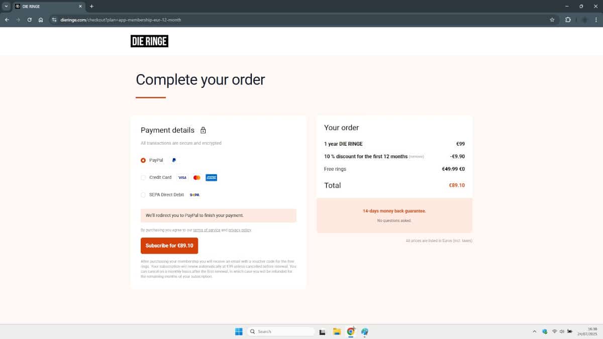 Die Ringe membership registration checkout showing the CWW10 discount code which is the only code that gives 10% off.