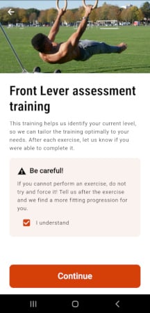 Die Ringe app front lever assessment training the first time you start a new skill.