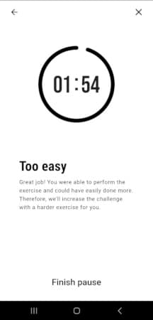 Die Ringe app asking you to rate the difficulty of the previous exercise.