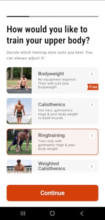 Die Ringe app screenshot showing the different workout styles and which you'd like to do.