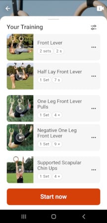 Die Ringe app exercise overview of the next workout about to start.