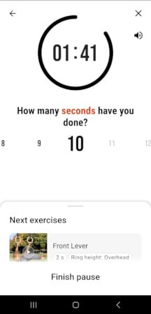 Die Ringe app asking how many seconds the user could do the previous exercise.