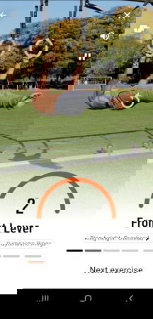 Die Ringe app front lever exercise interface.