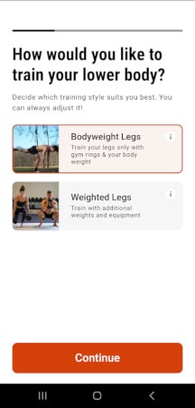 Die Ringe app screenshot showing two options for lower-body training workout styles.