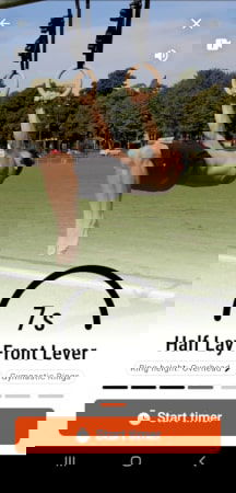 Die Ringe app half lay front lever exercise interface.