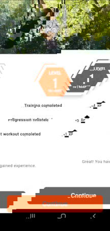 Die Ringe app showing the users overal level and experience gain after a workout.