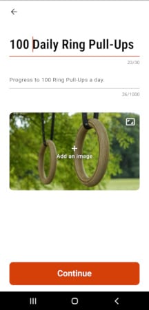 Die Ringe app custom workout creator showing the title menu.