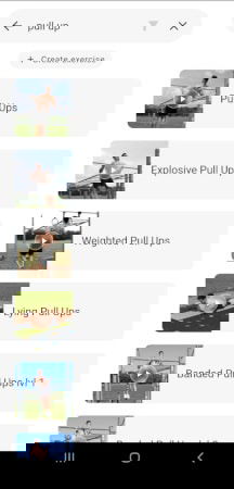 Die Ringe app custom workout browser looking for pull ups through the search box. A variety of pull ups are shown in a list.