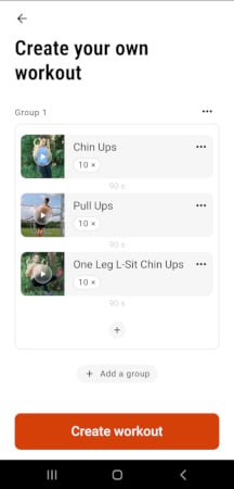 Die Ringe app custom workout maker with three exercises added to create a workout.