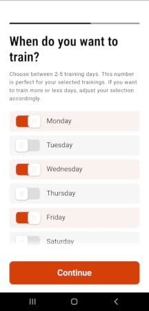 Die Ringe app asking on which days of the week you'd like to work out.