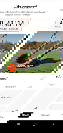 Die Ringe app front page on the coach page showing the upcoming training days and the next exercise. A timer until the next workout is ticking at the top.