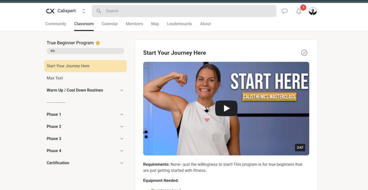The front page of a single course in the Calixpert program, in this case the True Beginner Program.