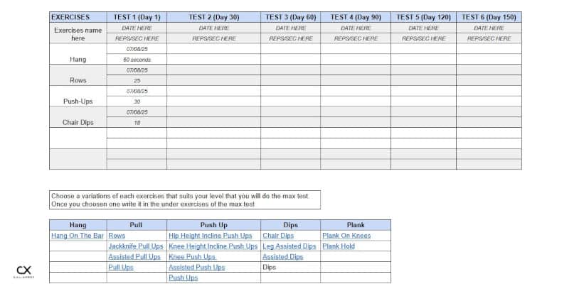Spreadsheet for testing one's own performance and tracking it over time as part of the beginner Calixpert programs.