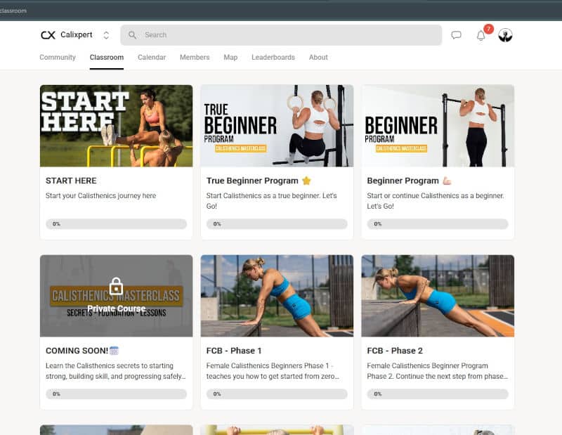 The Classroom page of the Calixpert program showing the first two rows of calisthenics programs.