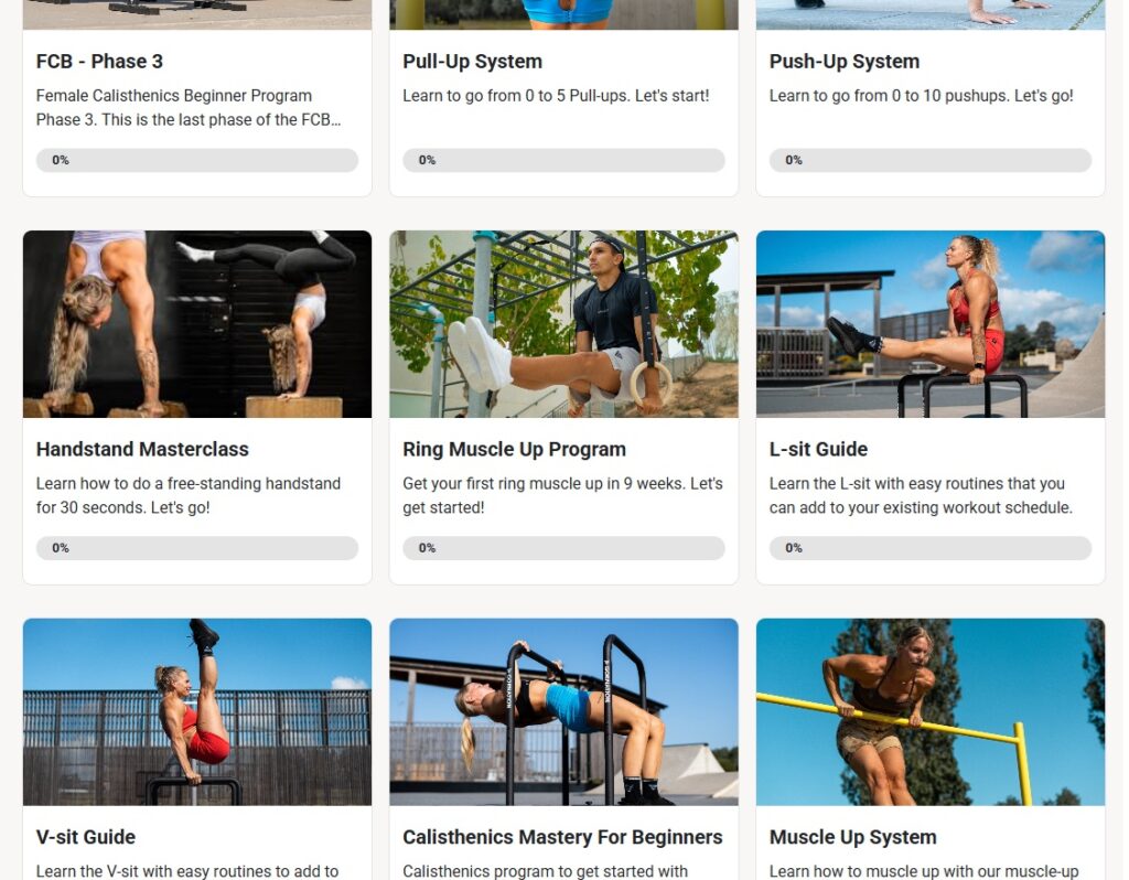 A list of calisthenics programs that is also included in the Calixpert program including advanced courses for the handstand and muscle-up, and various guides for calisthenics skills.