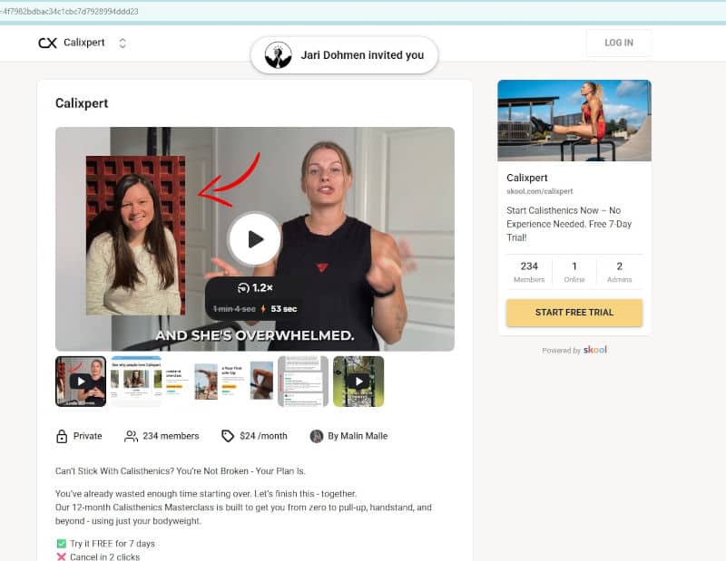 The front page of the Calixpert skool platform with an invitation video and a button to start the free trial.