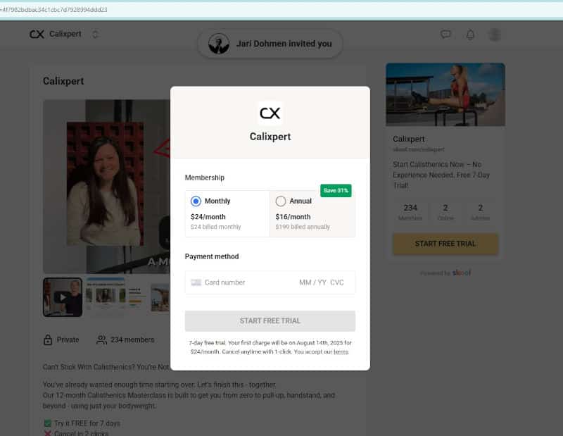 Selection box for either a monthly or an annual subscription to the Calixpert program, including the message that it will start with a 7-day free trial.