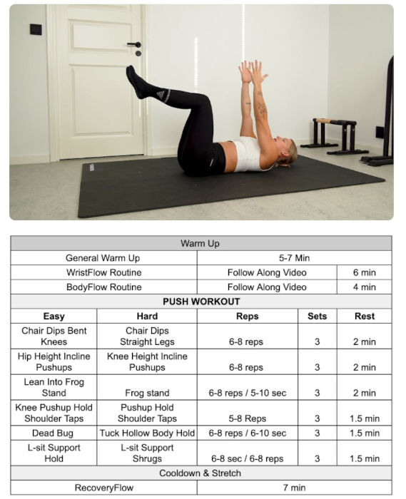 A list with push exercises for a workout day as part of the True Beginner Program of the Calixpert program.