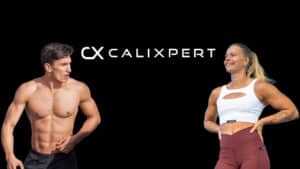The Calixpert logo and brand name on a plain black field with Daniel Flefil and Malin Malle standing on either side of the logo.