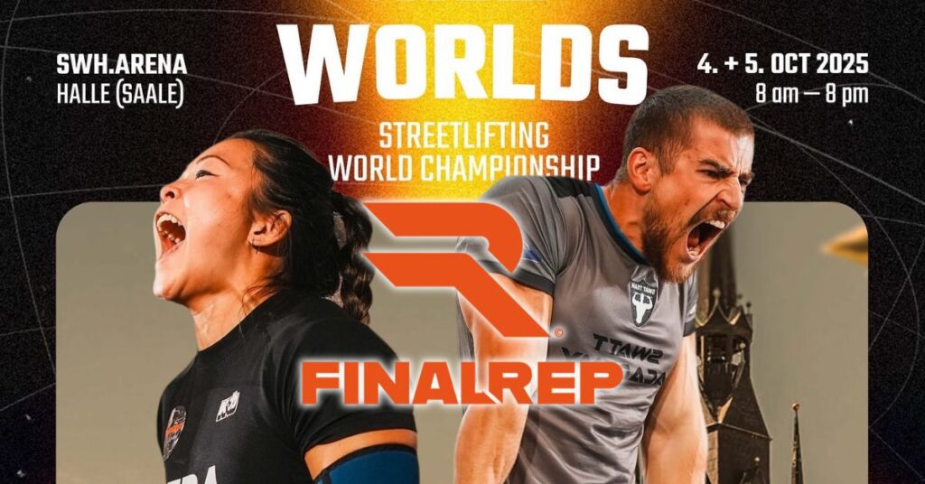 Finalrep worlds 2025 banner showing a man and a woman exerting themselves with lifting.