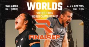 Finalrep worlds 2025 banner showing a man and a woman exerting themselves with lifting.