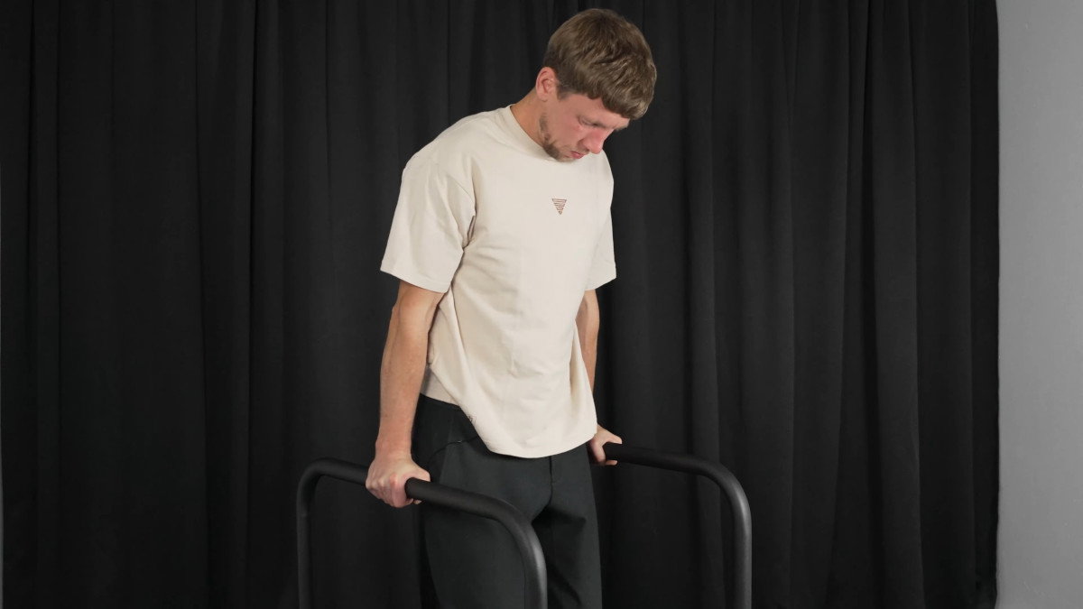 Man in white shirt performing dips on the barmania pro classic dip bars.