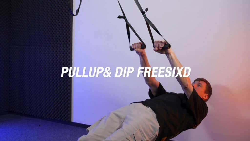 Man in black shirt performing rows on the freesixd suspension trainer with the company brand Pullup & Dip in white lettering in the foreground.