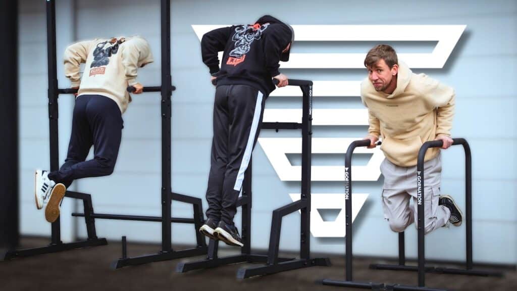 Three GORNATION Dip Bars versions side-by-side each occupied by a man doing dips on them.