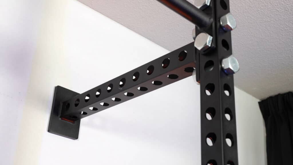 Close up of the top corner of the kensui fitness torii rack, showing the heavy-duty bolts holding the prongs together.