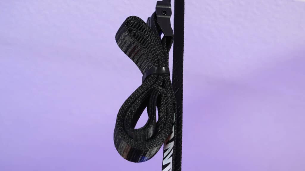 The Velcro strap for the gravity fitness gymnastic rings to coil and tie off excess strap.