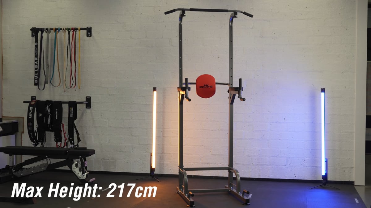 The relife power tower standing in a gym at its highest setting of 217cm.