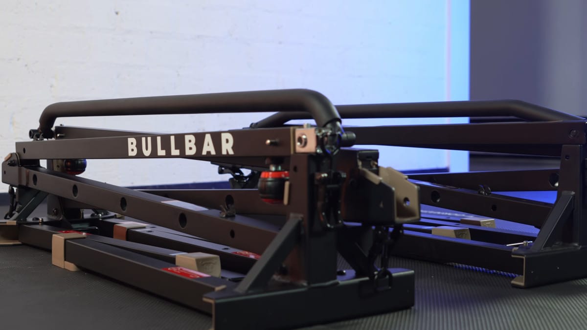 The bullbar 2.0 extended in its folded state, feasibly transportable in a large gym bag or tent bag.
