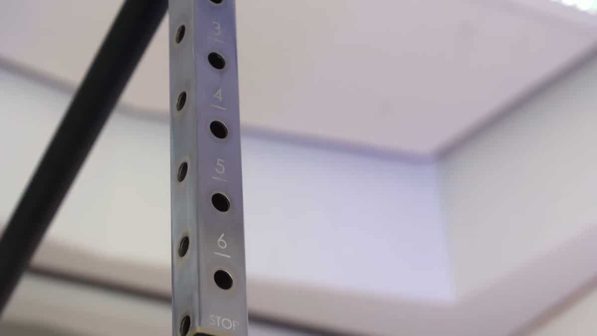 Detail on the extendable portion of the bullbar 2.0 extended pull-up bar, showing the numbered slots for inserting the retaining pin and safety pin.
